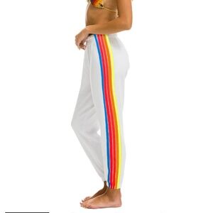 Aviator Nation Women’s 5 STRIPE SWEATPANTS - WHITE // NEON RAINBOW STRIPES sz XS